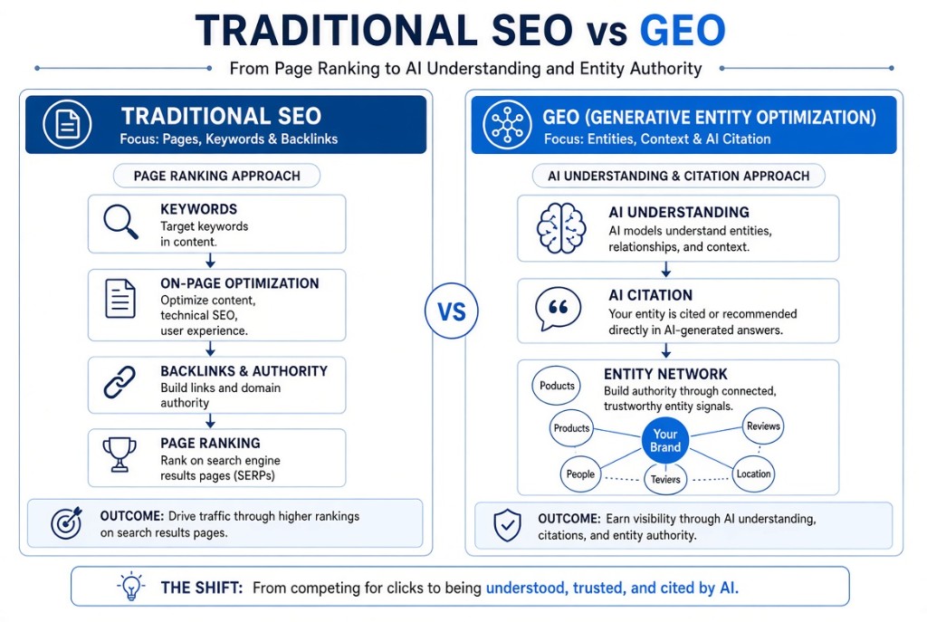 SEOとGEOの評価単位と因果の違いを示す図。